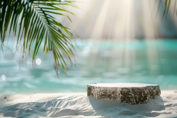 Wall Mural - Beautiful summer background with a white stone podium on a blurred tropical beach and blue sea