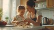  A mother and her daughter baking cookies together in the kitchen, creating sweet memories and enjoying quality time on Mother's Day against a serene solid white backdrop. 
