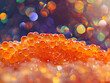 A surreal close-up of glistening salmon roe, vivid against a cosmic backdrop, hinting at life's mysteries