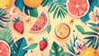 Summer pattern with fruits leaves and flowers. Vector