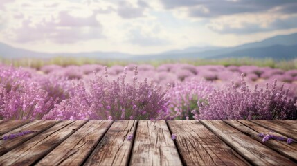 Wall Mural - Beautiful lavender flower field with wooden table top for product display
