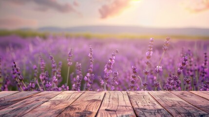 Wall Mural - Beautiful lavender flower field with wooden table top for product display