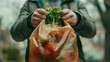 Close-up of a food delivery man's hands holding a bag of freshly prepared food, the aroma wafting from the package enticing the senses as he makes his way to deliver the delectable