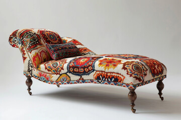 Wall Mural - A bohemian-inspired chaise longue draped in vibrant patterned fabric, standing out against a white setting.