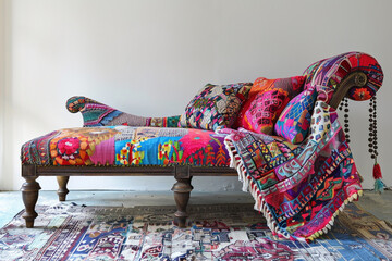 Wall Mural - A bohemian-inspired chaise longue draped in vibrant patterned fabric, standing out against a white setting.