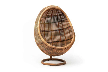 Wall Mural - A bohemian rattan egg chair with a natural and organic feel, isolated on solid white background.