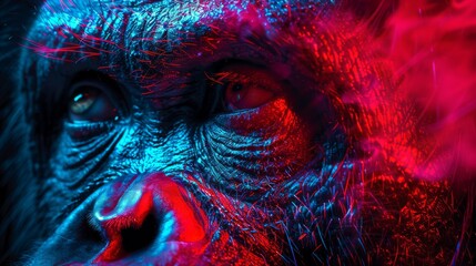 Wall Mural - A close up of a gorilla's face with a blue and red background