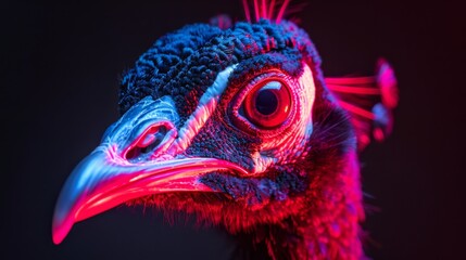 Wall Mural - A close up of a peacock's face with a red glow