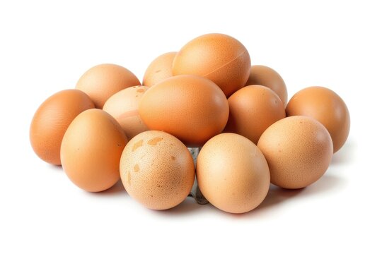 a cluster of fresh brown chicken eggs with a natural speckled pattern isolated on a white background