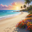 Illustration of a sandy beach full of multicolored flowers with palm trees,  sun and a view of the azure blue ocean.