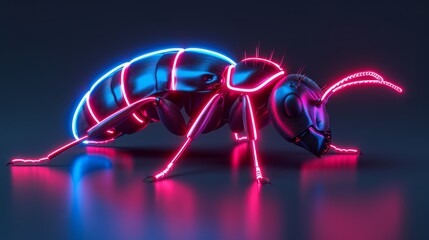 Wall Mural - A glowing red and blue bug is on a dark background