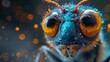 A close up of a bug's face with orange eyes and a blue body