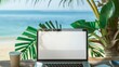Laptop mockup, blank screen notebook mockup, background with sea and palm trees, 3d render