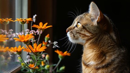 Sticker - A cat is looking out the window at a bouquet of flowers