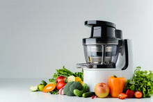 A Centrifugal Juicer With A Powerful Motor And A Wide Chute For Whole Fruits And Vegetables Isolated On A Solid White Background.