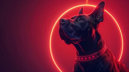 Wall Mural - A black dog is looking at the camera with a red background