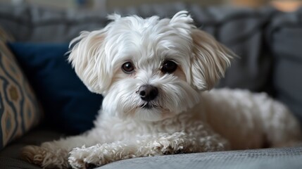 Poster - A white dog is laying on a couch