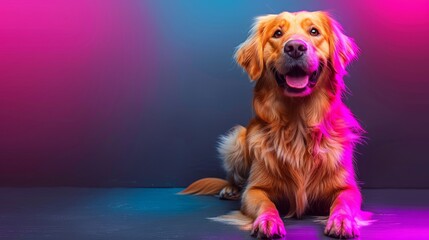 Wall Mural - A dog is laying on a floor with a purple background