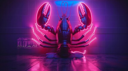 Wall Mural - A large red crab is sitting on a wet floor in a neon room