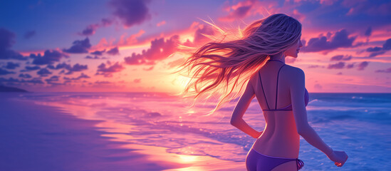 Wall Mural - Woman wearing a bikini running on a beach at sunset, enjoying the beautiful, illustration travel, copy space