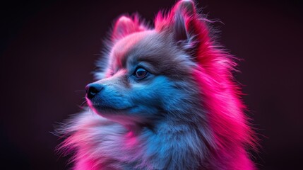 Poster - A dog with pink hair and blue eyes stands in front of a dark background