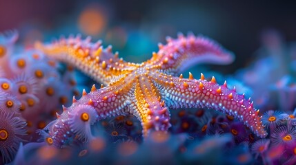 Canvas Print - A starfish with orange and pink colors is surrounded by other sea creatures