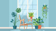 Comfortable chair window and house plants. Vector fla