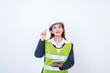 © tonjung - Happy woman engineer worker working with digital tablet on white background.