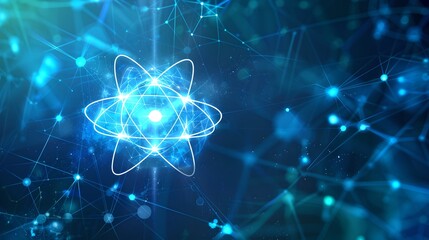 Aufkleber - Glowing Atom Model in a Network of Light, Abstract Science Concept Illustration. Perfect for Educational and Technological Design Uses. AI