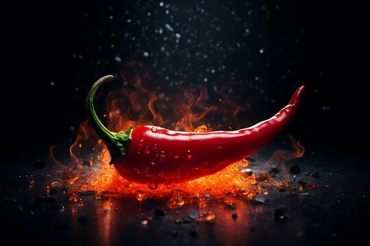 Red hot chili pepper with drops of water on a black background.