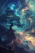 Towering trees contrast with swirling nebulae of stars and galaxies, creating a fantasy sky wallpaper.