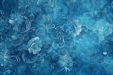 Wall Mural - Sapphire blue damask patterns overlaid on a darker blue textured background, evoking calm elegance.