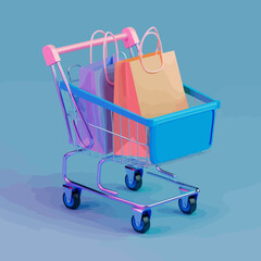 a shopping cart filled with shopping bags on a blue background