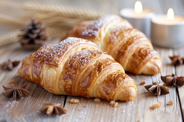 Wall Mural - Fresh Gourmet Breakfast: Two Croissants on a Warm Background