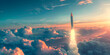 Powerful rocket pierces sunrise sky trailing fire as it breaks through sea of clouds

