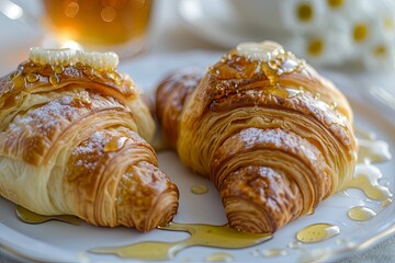 Poster - Fresh Bakery Delight: two croissants with honey decorations, soft-focused breakfast perfection