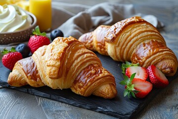 Canvas Print - Fresh and Tasty: Two Croissants, Perfect Breakfast on Dark Textured Board