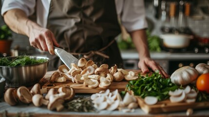 Wall Mural - A chef in a modern kitchen is slicing oyster mushrooms on a cutting board