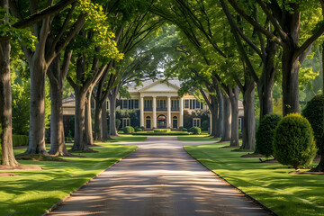  A classic colonial mansion with a long, tree-lined driveway and a grand entrance, highlighting symmetry and traditional design