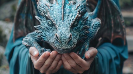 Canvas Print - A person holding a blue dragon statue in their hands, AI