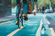 Urban cyclist with a messenger bag riding on a city bike lane, representing eco-friendly transportation