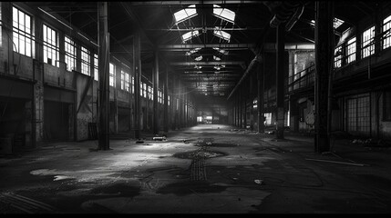 Sticker - Abandoned old warehouse interior, dark, industrial, dirty, black and white