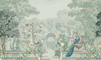 Wall Mural - Vintage Roman mural wallpaper with garden, forest, peacock, bird, flower vase, botanical plant landscape illustration