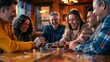 © Ilia Nesolenyi - A group of friends gathered around a pub table, engaged in playing a board game or card game together