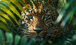 Observant jungle leopard predator lurking amidst lush foliage. Intense gaze piercing through vibrant greenery. Majestic big cat blending into its natural habitat.