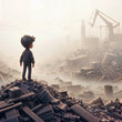 child standing on a pile of debris