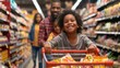 © Ilia Nesolenyi - A man and a little girl pushing a shopping cart together in a grocery store aisle