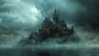 A Halloween castle floats on water, looming against a stormy sky with mist around it