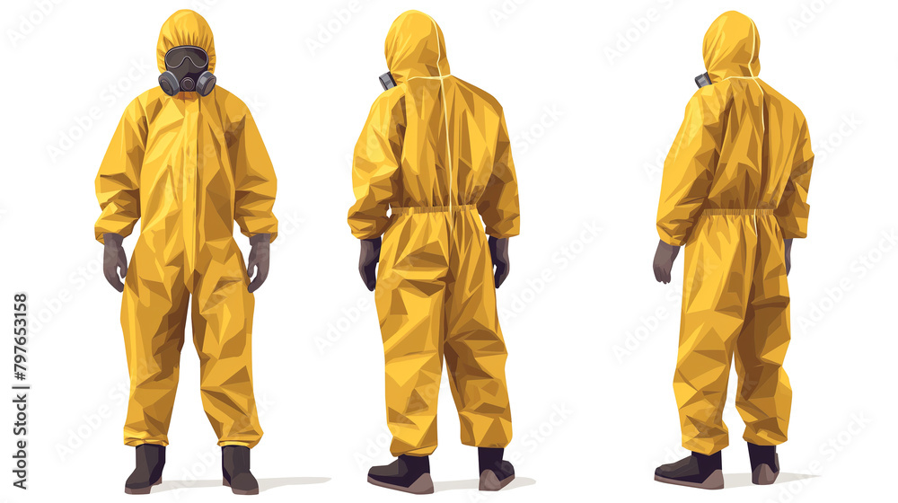 vector illustration of three full body view male wearing yellow hazmat