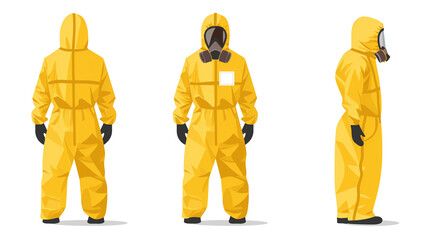  Vector illustration of man in yellow hazmat suit with front, back and side view on white background. Chemical and bio hazard protection gear concept